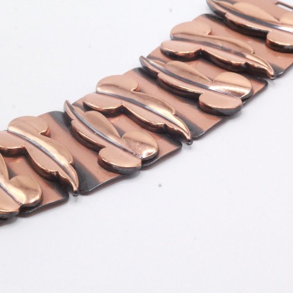 Matisse Renoir Signed Modernist Copper Link Wide Leaf Bracelet - Picture 3 of 7